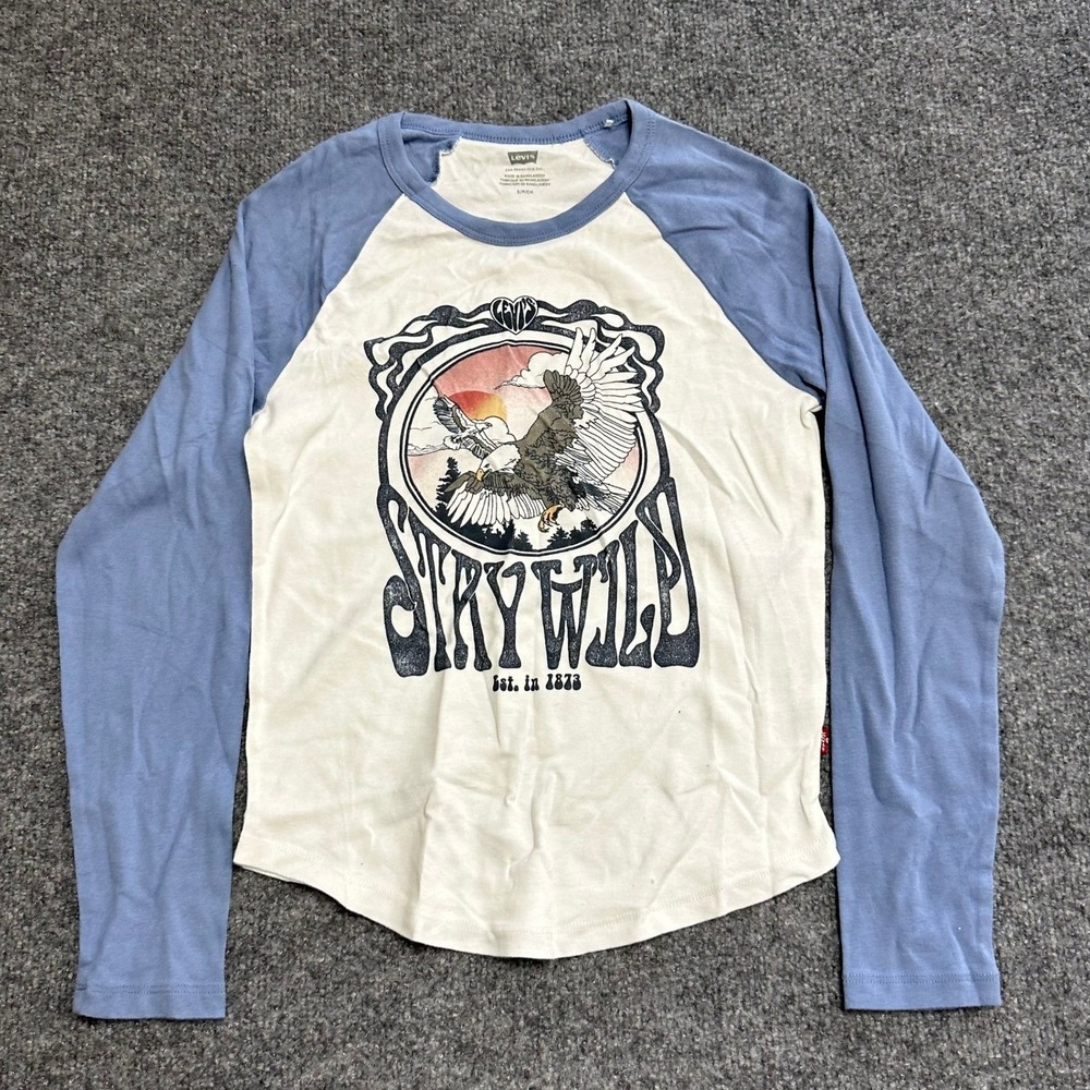 Levi's Raglan Shirt Womens Size S Cream Blue Eagle Stay Wild Graphic Cotton Tee